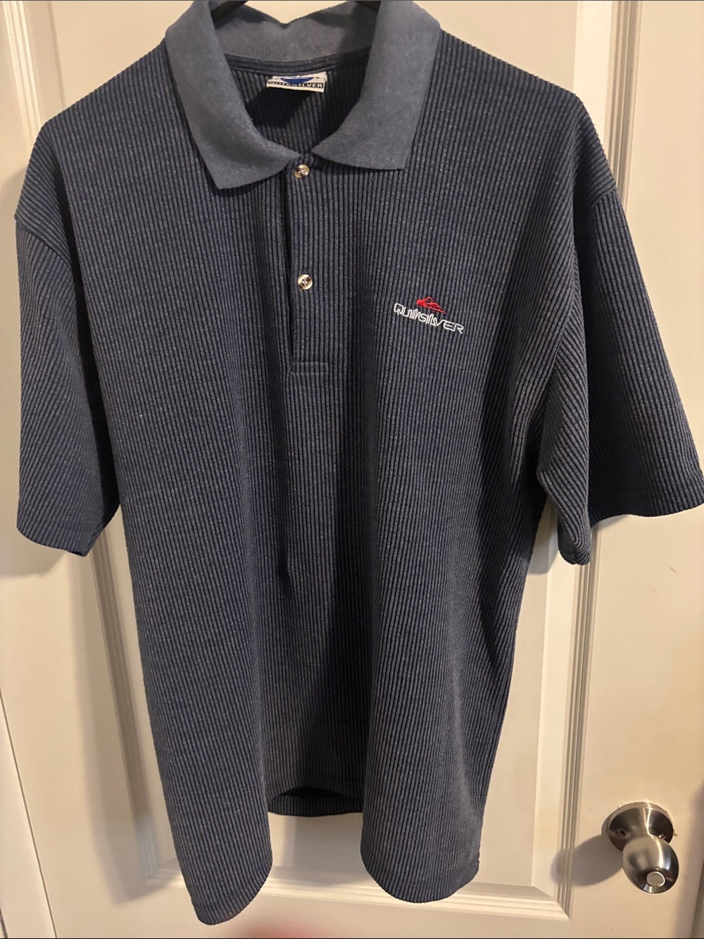 VTG Quiksilver Ribbed Textured Polo Shirt Grey Blue Y2K Surf Grunge Knit